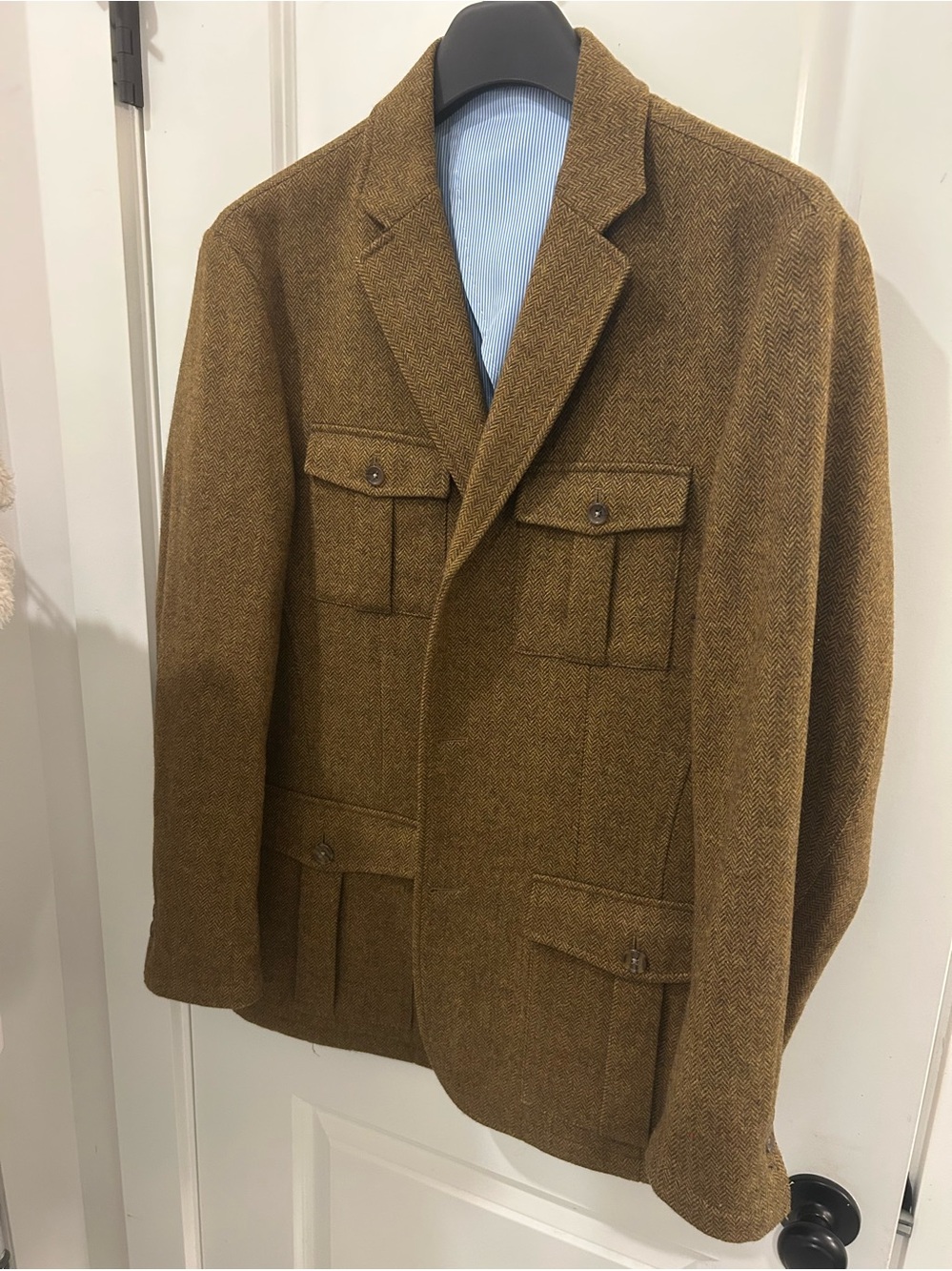 Men's Brown Herringbone Field Blazer with Utility Pockets
